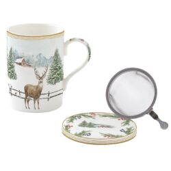 Karácsonyi porcelán szűrős bögre tetővel White Forest