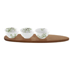 Porcelán 3db-os tálkaszett akácfa tálcán - 40x10,5cm - Natura