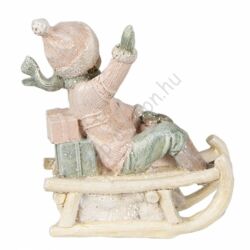 Rózsaszín ruhás kisfiú szánon - 10x5x10cm - Karácsonyi dekoráció