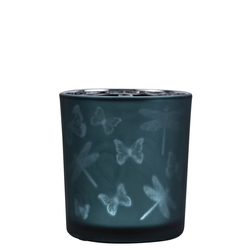 Üveg teamécses tartó, lepke és szitakötő sziluettel, petrol kék, 8 cm