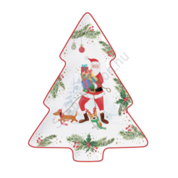 Karácsonyi mintás porcelán fenyőfa alakú tálca - Joyful Santa