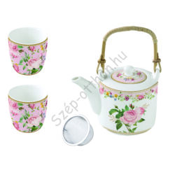 Porcelán teáskanna 2 porcelán pohárral Chant des Roses
