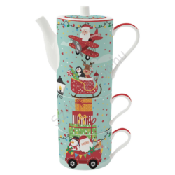 Karácsonyi teáskanna és két porcelán bögre szett - Santa 's Friends