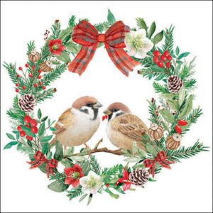 Karácsonyi szalvéta 33x33cm Sparrows in wreath