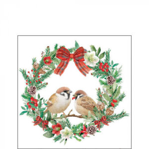 Karácsonyi szalvéta 25x25cm - Sparrows in wreath