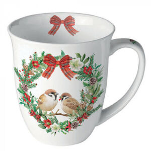 Karácsonyi porcelán bögre - 400ml - Sparrows in wreath 