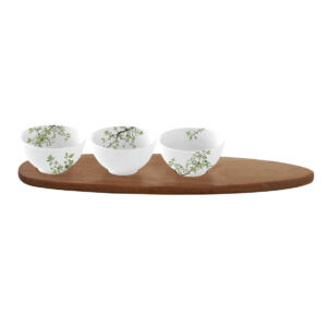 Porcelán 3db-os tálkaszett akácfa tálcán - 40x10,5cm - Natura