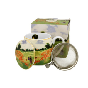 Porcelán bögre tetővel, fém szűrővel - 430ml - Monet: Pipacsmező