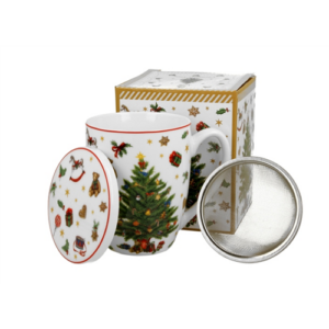 Porcelán bögre tetővel, fémszűrővel, 360ml, dobozban, Christmas Tree