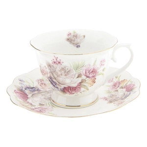 Porcelán teás csésze - 250ml - fehér-rózsaszín rózsás