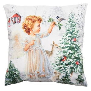 Textil párnahuzat - 45x45cm - kislány hóesésben erdei állatokkal