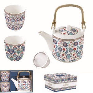 Porcelán teáskanna 600ml, fémszűrővel, 2 porcelánpohárral 160ml, dobozban, Iznik, Atmosphere