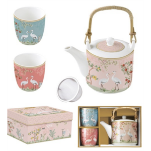 Porcelán teáskanna 600ml, fémszűrővel, 2 porcelánpohárral 160ml, dobozban, Jardin de Reves,  Atmosphere