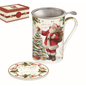 Porcelán teás bögre tetővel, fém szűrővel - 300ml - Magic Christmas