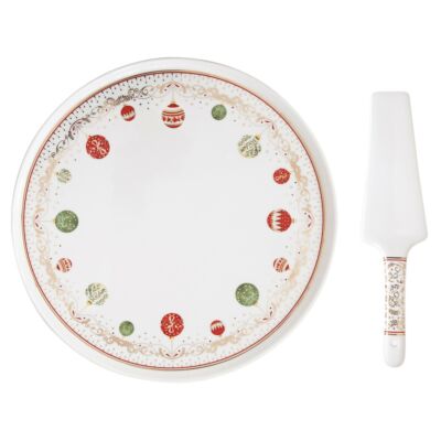 Karácsonyi porcelán tortatál lapáttal, 32cm, dobozban, Christmas Eve
