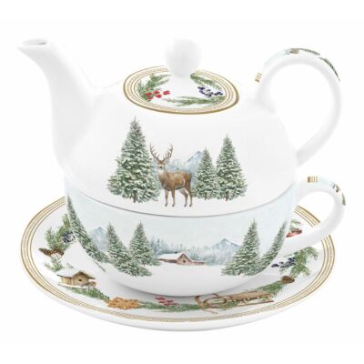 Karácsonyi porcelán egyszemélyes teáskészlet White Forest