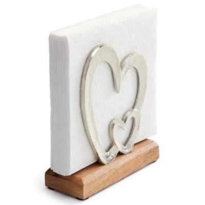Fém szalvétatartó fa aljjal - Dupla szív formával