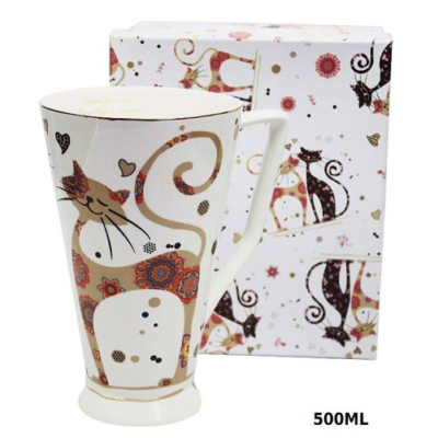 Porcelán bögre - 500ml - fekete-barna virágos, cicás