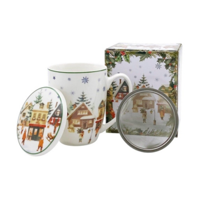 Porcelán bögre tetővel, fém szűrővel 360ml - Christmas Village
