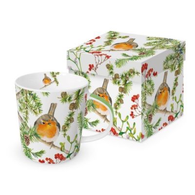 Karácsonyi mintás Porcelán Bögre - 400 ml - Robin in Tree