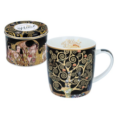 Porcelán bögre fém dobozban - 450ml - Klimt: Életfa