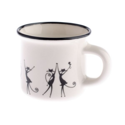 Porcelán bögre 75ml, táncoló fekete macskás