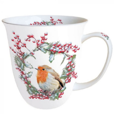 Karácsonyi mintás porcelán bögre - 400ml - Robin In Wreath
