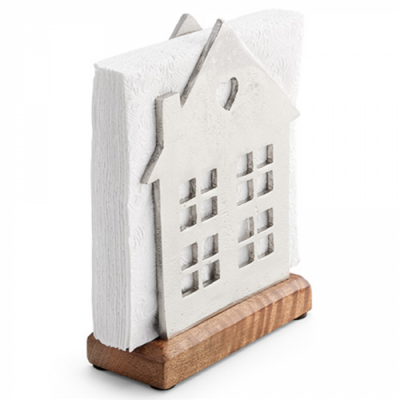 Fém szalvétatartó fa aljjal, ház forma