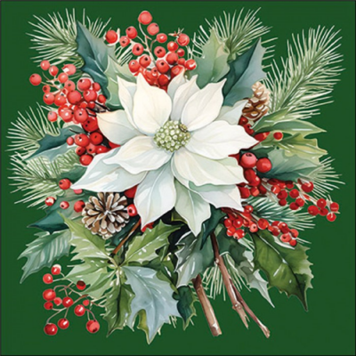 Poinsettia bouquet green papírszalvéta 33x33cm, 20db-os