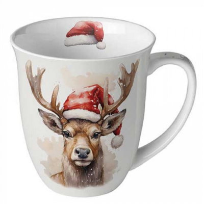Karácsonyi porcelán bögre 400ml Deer with Santa hat