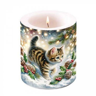 Cute cat in the snow átvilágítós gyertya 10x10xcm