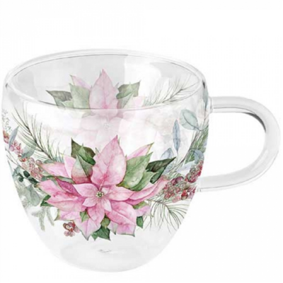 Pink poinsettia duplafalú borosilicate üvegcsésze 250ml