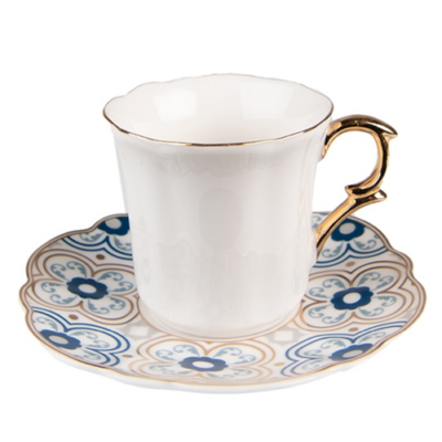 Porcelán kávéscsésze+alj 95ml, fehér-kék-arany