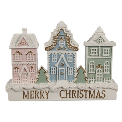 Mézeskalács Merry Christmas házsor színes, 13x4x10cm, műanyag dekorfigura