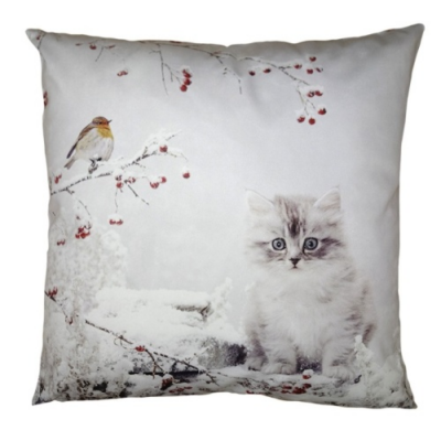 Textil párnahuzat 45x45cm, polyester, cica havas tájon
