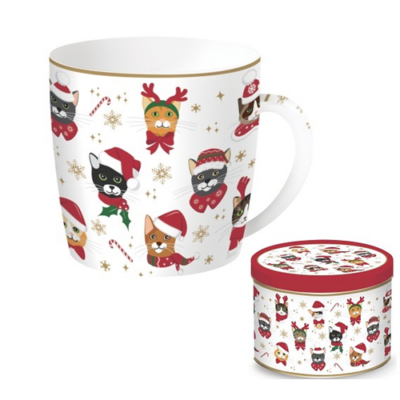 Porcelán bögre - 350ml - fém dobozban, Christmas Friends Cats