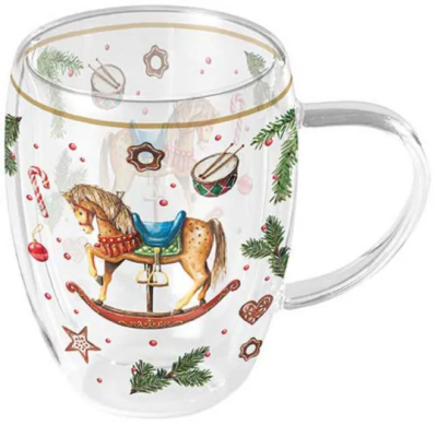 Karácsonyi hintalovas duplafalú üvegcsésze 350ml Classic rocking horse