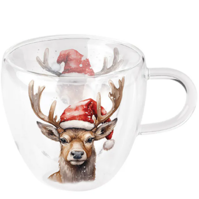 Duplafalú borosilicate üvegcsésze 200ml Deer With Santa Hat