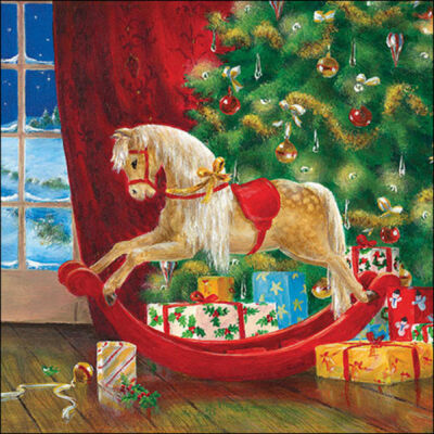 Karácsonyi szalvéta - 33x33cm, 20db-os - Wooden rocking horse