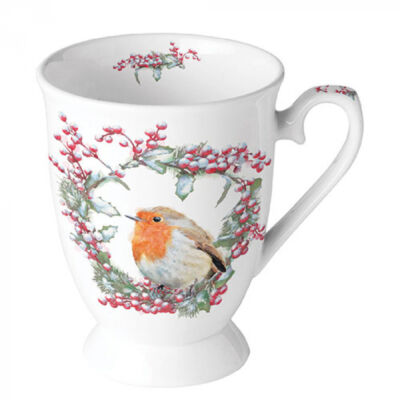 Karácsonyi mintás porcelán bögre - 250ml - Robin in Wreath