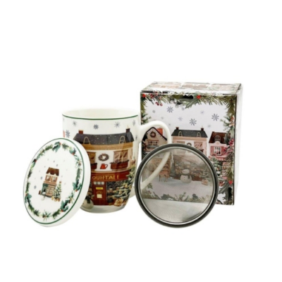 Porcelán bögre tetővel, fém szűrővel 360ml Christmas City