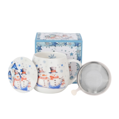 Porcelán bögre tetővel, fém szűrővel 430ml Snowman