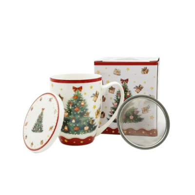 Porcelán bögre tetővel, fém szűrővel 360ml Christmas Tree