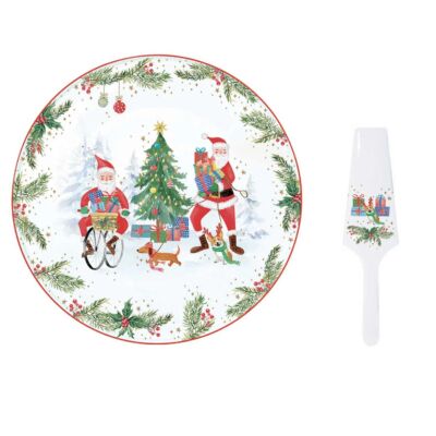 Karácsonyi porcelán tortatál lapáttal - 32cm - Joyful Santa