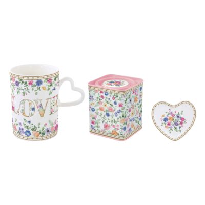 Porcelán bögre 350ml, teafilter tartó fémdoboz ajándékszett - Mon Amour