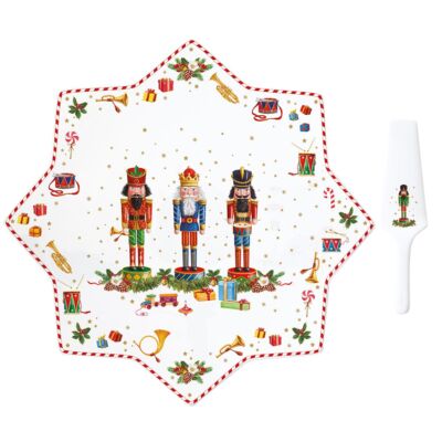 Karácsonyi mintás porcelán tortatál lapáttal - Vintage Nutcracker