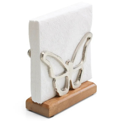 Fém szalvétatartó fa aljjal,álló, pillangós