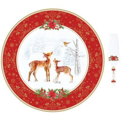 Karácsonyi porcelán tortatál lapáttal - Ø 32 cm - Christmas Melody