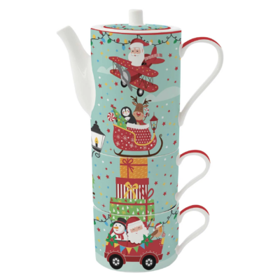 Karácsonyi teáskanna és két porcelán bögre szett - Santa 's Friends