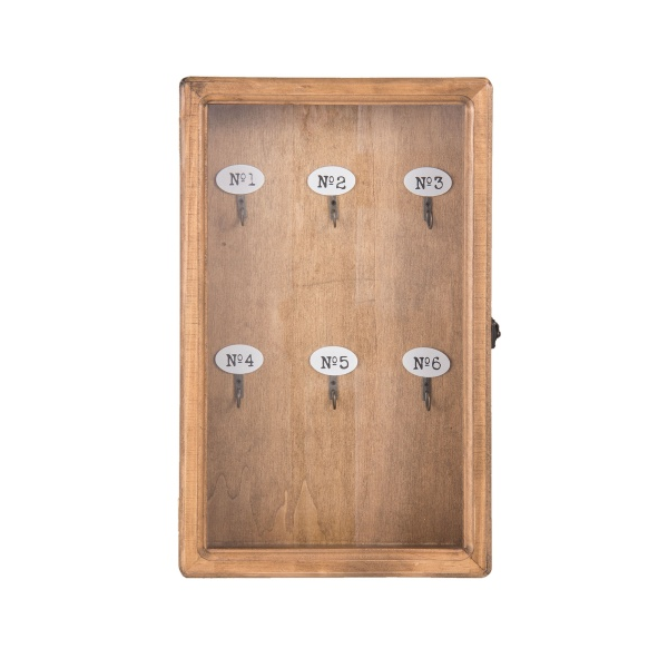 Clayre & Eef 6H1570 Fa kulcsos szekrény 24x7x38cm, natúr színű, üveg ajtóval, számozott 6db akasztóval